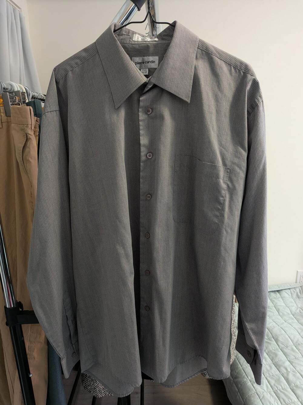Vintage Pierre Cardin Gray Pinstripe Cotton Blend Dress Shirt XL